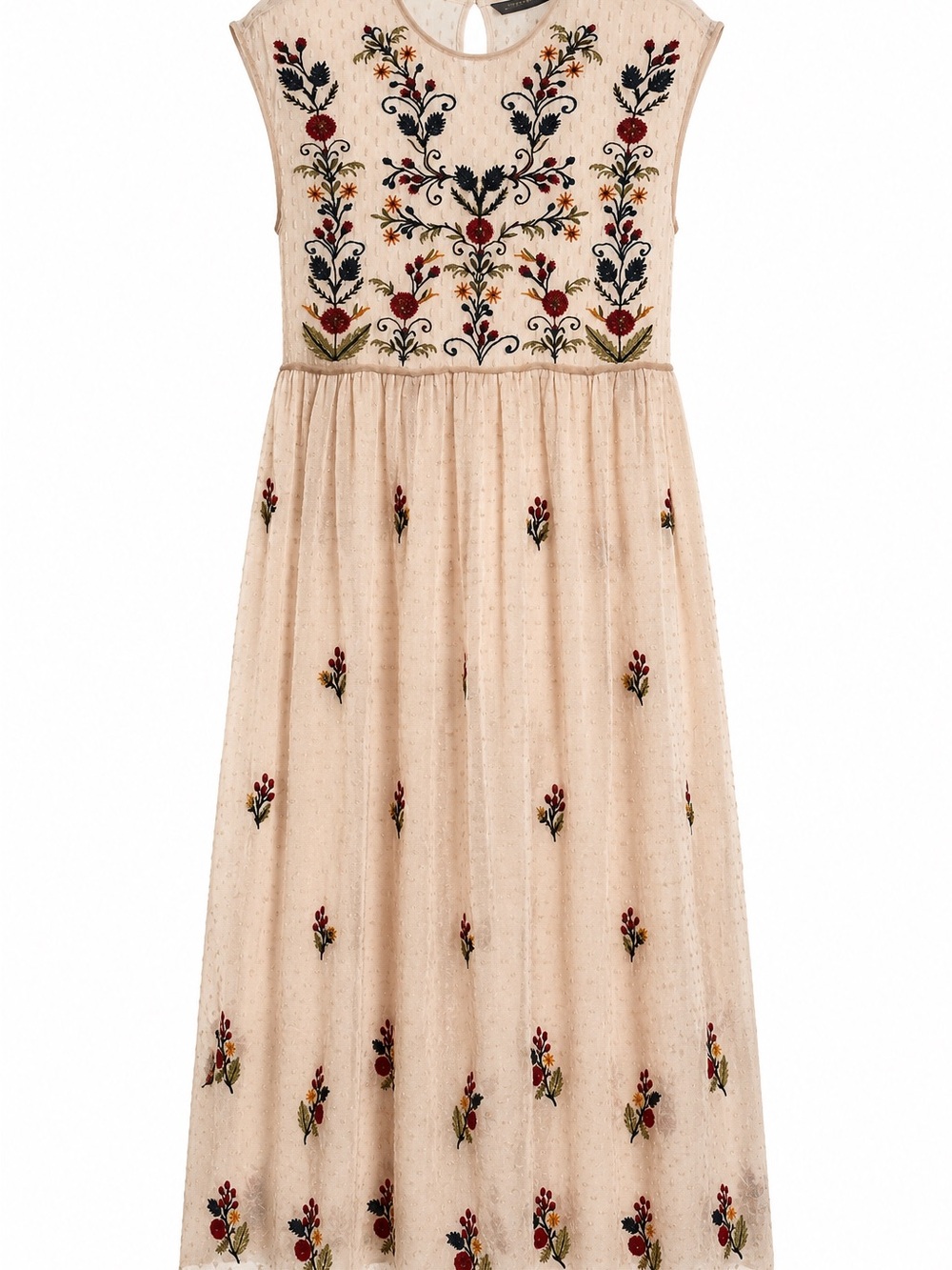 Zara Cream Maxi Dress with Multicolor Floral Embroidery